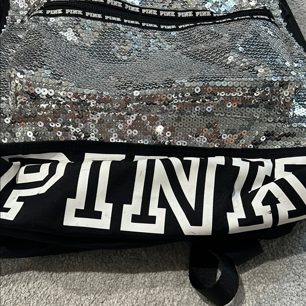 Like New Victoria’s Secret Pink Brand Sequin Silver Backpack - Picture 10 of 10
